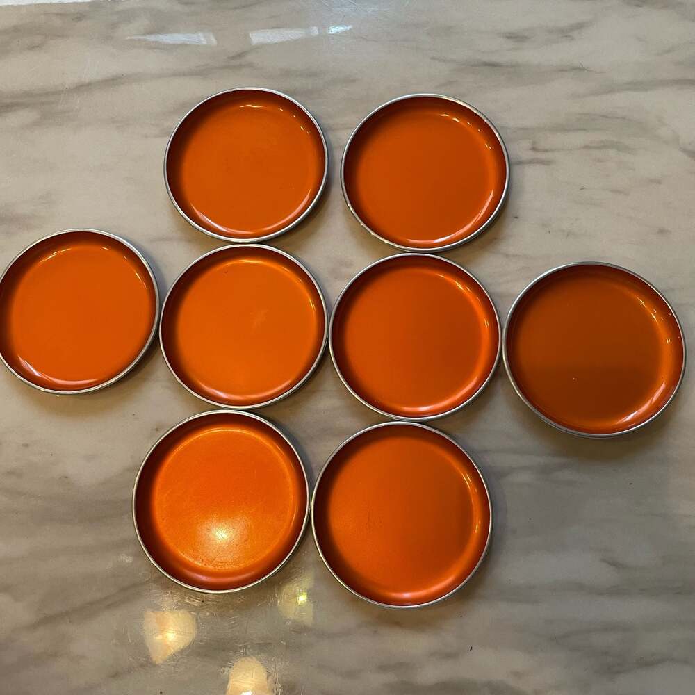 Set of 8 Vtg Emalox Norway Orange Enamel  Mid-Century Mini Condiment Dipping